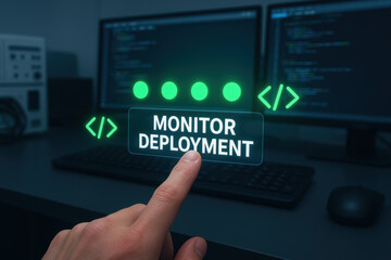 Monitor deployment concept with finger pointing on virtual screen in ai developer workspace for ai programmer