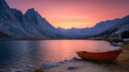 Naklejka na meble Sunset kayaking in valley lake calm water orange sky mountain range granite peak serene mood