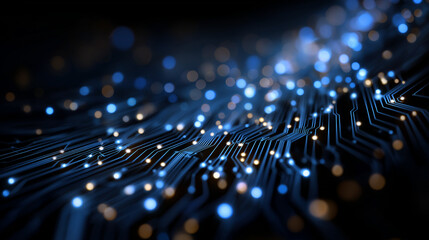 Wall Mural - Digital Circuitry Symphony: An intricate network of luminous circuits, bathed in ethereal blue and gold light, exemplifies the cutting-edge advancements in technology.