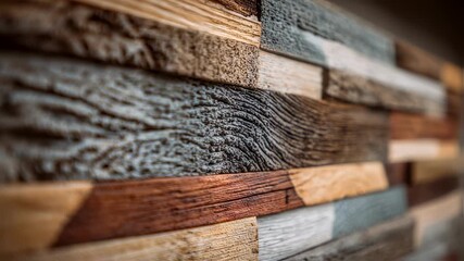 Medium shot of rustic reclaimed wood wall art highlighting natural grain and texture with blurred background emphasizing ecofriendly handcrafted charm.