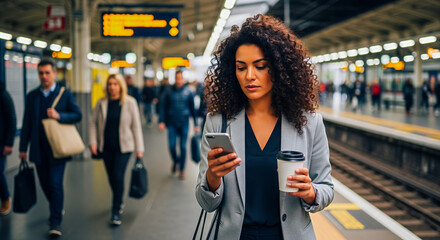 Stylish businesswoman checking phone while commuting with coffee, modern travel lifestyle concept