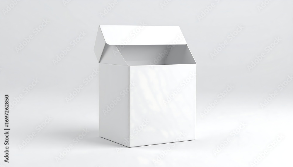 A white, open cardboard box, angled slightly, on a plain white ...