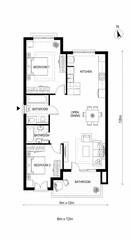 Naklejka na meble Vector illustration set of modern house floor plans in different sizes 6x12 meters. Each layout includes bedrooms, bathrooms, living room, dining area, and kitchen