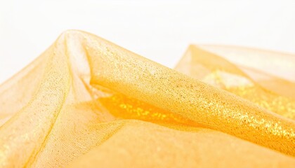 Luminous Waves of Golden Glitter Tulle on a Bright White Background.