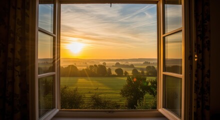 Wall Mural - Sunrise Vista: A panoramic landscape unfolds, viewed through an open window. The sun casts a warm glow over verdant fields, painting the horizon with a blend of colors, the epitome of tranquility.