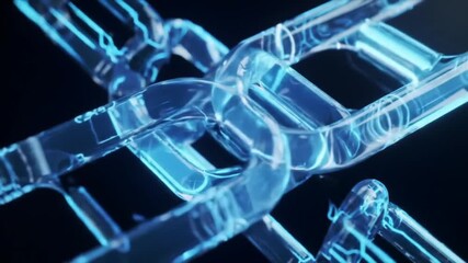 A close-up of a digital chain rendered in transparent icy blue, set against a dark backdrop creating a futuristic effect