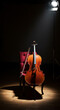 © Good - A cello stands upright next to a red velvet chair, illuminated by a spotlight on a wooden stage.
