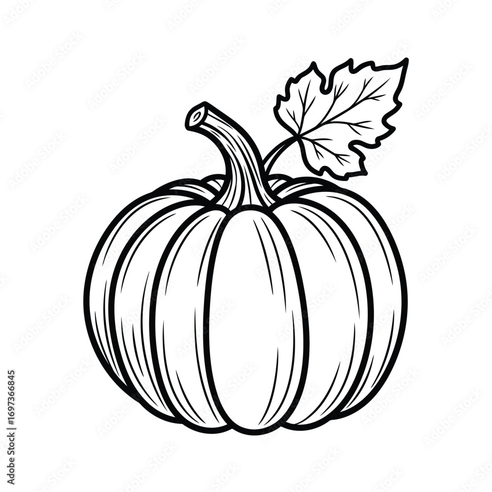 Black and white outline drawing of a pumpkin with a stem and a single ...