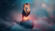 © pitchanat - Imaginative cosmic scene featu a majestic lion standing confidently on a small planet with a vibrant galaxy and colorful nebula background, surreal space art