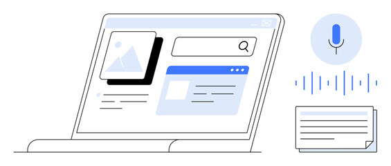 Wall Mural - Laptop screen with web content, search bar, voice assistant icon, sound waves, and document. Ideal for technology, user interface, content creation, voice search innovation accessibility