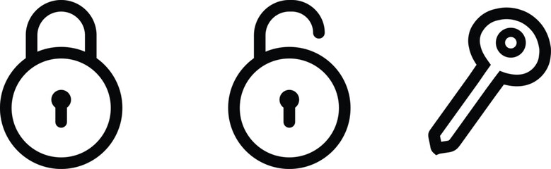 Collection of simple padlock and key icons in outline style. Perfect for security apps, website UI, privacy symbols, and digital access illustration