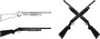 © Tasleem - Two detailed illustrations of shotguns, one in outline and one solid black, with a pair of crossed shotguns in silhouette.