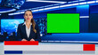 © sabrang - Broadcast journalist presenting news with a green screen backdrop in a modern television studio