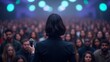 © Prateek - Back view of a person about to speak into a microphone, facing a massive crowd with glowing orbs of light, sense of tension and anticipation in the air.