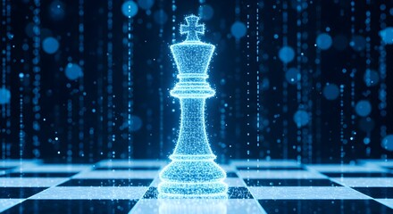 A digital representation of a chess king piece on a chessboard, rendered in blue with a bokeh effect background.