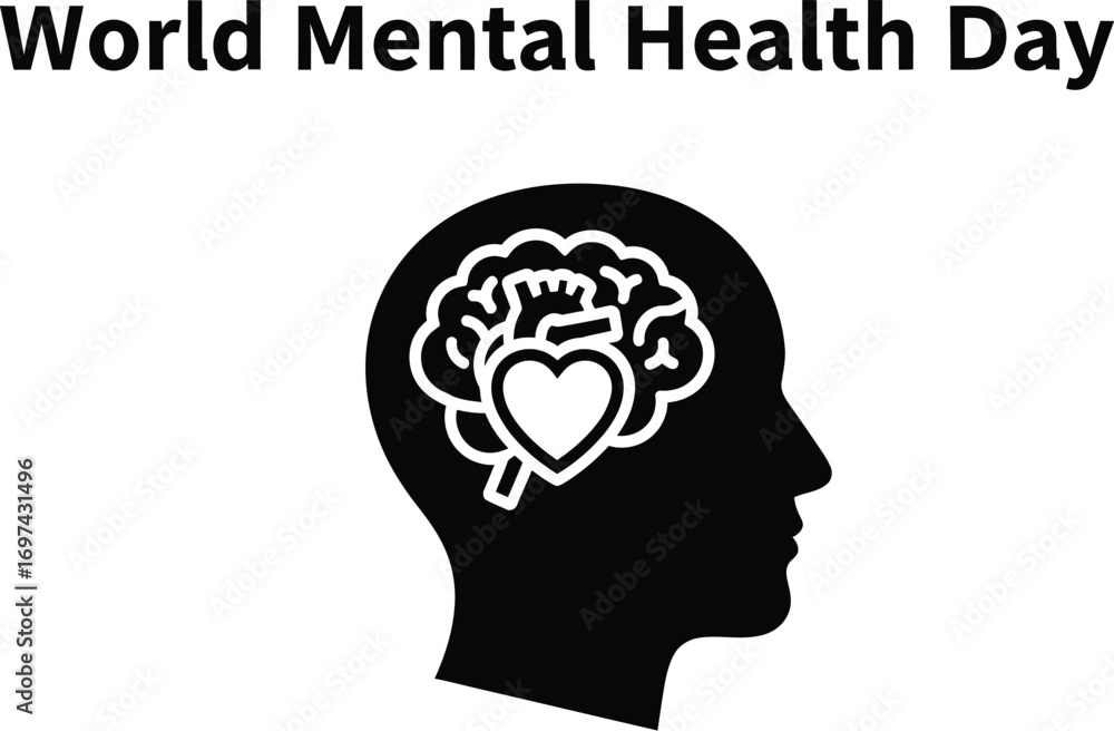 World mental health day with brain and heart in head silhouette ...