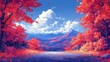 © dong - Vibrant Autumn Mountain Path With Red Trees And Blue Sky
