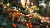 Close-up of mushrooms in forest on sunlit clearing