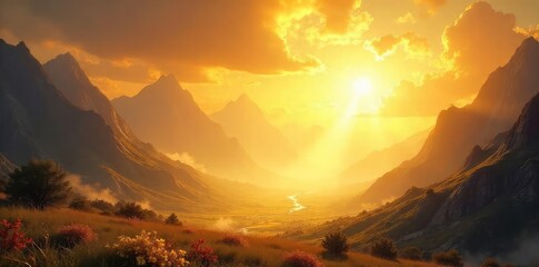 Wall Mural - A majestic, ethereal landscape bathed in golden light, suggesting a divine presence Perfect for concepts of creation, divinity, and spiritual awakening , glory, universe