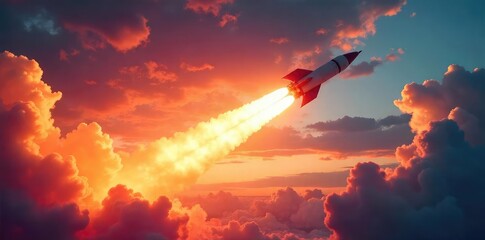 Wall Mural - A powerful rocket soaring through a vibrant sunset sky, leaving a trail of fiery exhaust  The dramatic scene showcases the speed and excitement of rocketry ,  power,  descent,  test