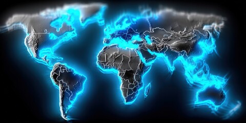 Wall Mural - A captivating world map illuminates the globe with a futuristic neon glow.