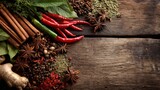 Authentic Rustic Wooden Table with Exotic Asian Spices and Herbs Premium Culinary Ingredients for Modern Food Marketing and Social Media Content