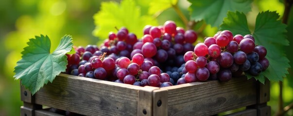 Wall Mural - A rustic wooden crate overflowing with ripe, sun-kissed vines, ready for harvest or display  The vibrant green leaves contrast beautifully with the deep purple grapes ,  rustic,  organic,  foliage