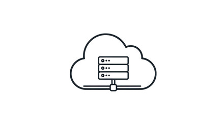 A simple line art icon depicting a cloud with a stack of servers inside, symbolizing cloud computing and data storage isolated on transparent background