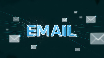 Digital Email:  A dynamic digital illustration depicts the word EMAIL shimmering with interconnected lines and floating message icons against a dark background.