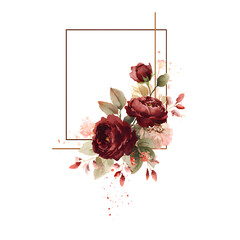 Wall Mural - Watercolor Marsala Roses bouquet drop frame