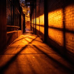 Canvas Print - Tranquil alleyway illuminated by warm streetlights, casting intricate shadows on brick walls at dusk