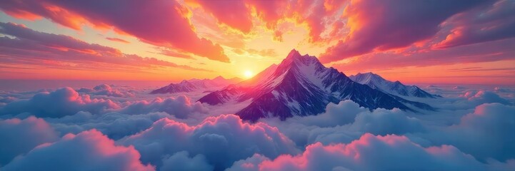 Wall Mural - A majestic mountain range slowly drifts across a vibrant sunset sky, clouds swirling like paint strokes The surreal scene evokes a sense of wonder and limitless travel , peaceful, view, vibrant