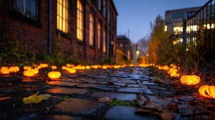 Canvas Print - A serene evening scene with glowing pumpkins lining a cobblestone path beside an old brick building