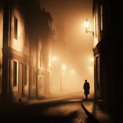 Canvas Print - A solitary figure walks down a foggy street illuminated by vintage street lamps at dusk