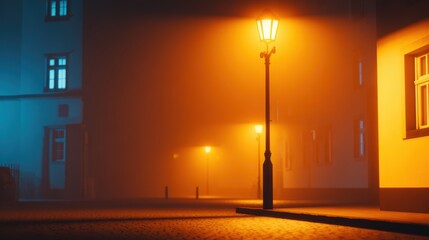 Canvas Print - Foggy evening street scene with glowing lampposts illuminating cobblestone pathway and buildings