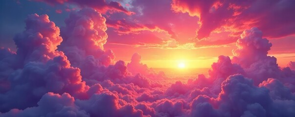 Wall Mural - A breathtaking panoramic view of a vibrant, colorful sunset sky Clouds painted with fiery hues of orange, pink, and purple create a stunning natural masterpiece , vista, tranquility