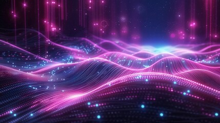 Wall Mural - Dynamic digital landscape with glowing lines and particles, representing data flow and technology.