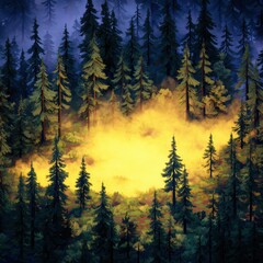 Canvas Print - A vibrant forest scene illuminated by a glowing golden light amidst dense trees and misty atmosphere