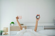 © WMSTUDIO - Morning Routine with Cozy Bed, Coffee Mug, and Alarm Clock, Emphasizing Relaxation and Fresh Start to the Day
