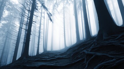 Canvas Print - Misty forest landscape with towering trees and exposed roots, creating an eerie atmosphere
