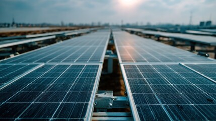 Solar panel array stretches to distant horizon under bright sunlight