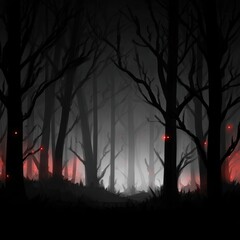 Wall Mural - Eerie forest scene at twilight with glowing eyes and mist, creating a mysterious atmosphere