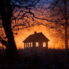 Wall Mural - Cozy wooden house illuminated at dusk, surrounded by trees, with a vibrant sunset backdrop