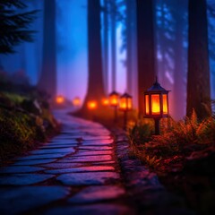 Wall Mural - Serene forest path illuminated by glowing lanterns, surrounded by misty trees and vibrant foliage at dusk
