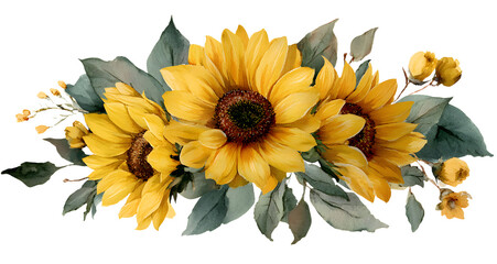 Wall Mural - sunflower clip art. watercolor floral illustration. rame and bouquet. yellow fowers for rustic weddi