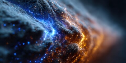 Wall Mural - Abstract artwork of glowing blue and orange particles and radiant energy.