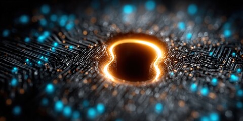 Intricate glowing circuit board design, symbolizing digital security and the flow of data.