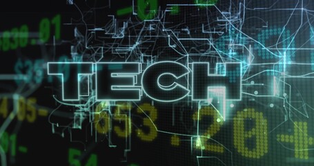 Wall Mural - Glowing TECH text hovering over dark data grid, showing green yellow digits, circuit overlays