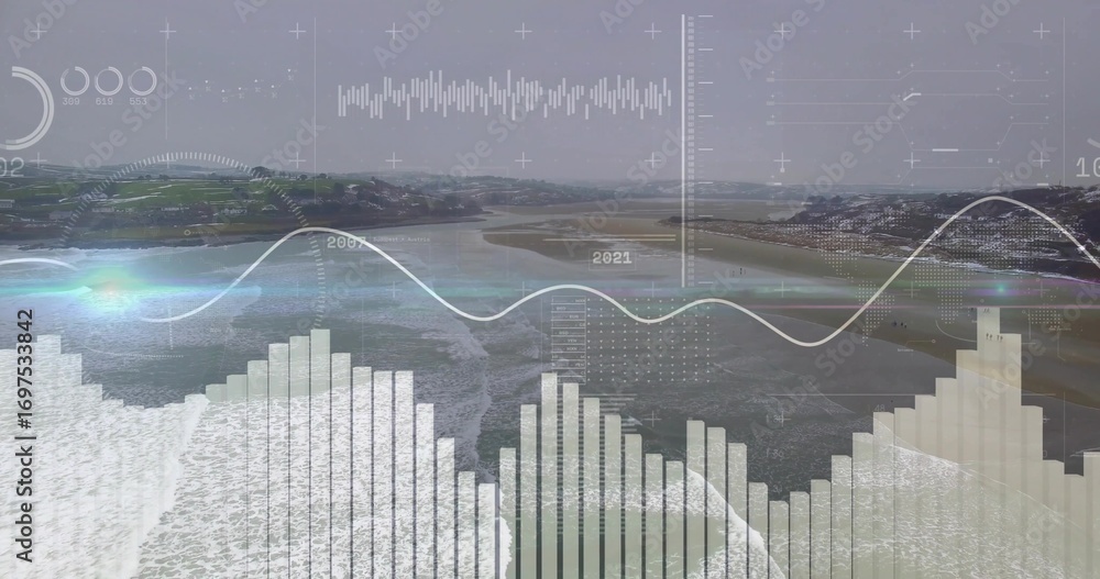Presenting aerial coastal tidal flats merging with digital data overlay ...