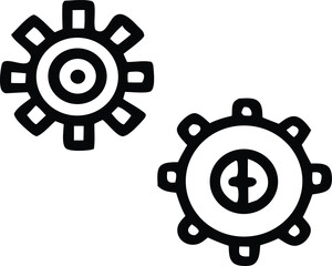 Two distinct gear icons with tribal or ancient aesthetic minimalist line art symbolizing mechanism power and connection